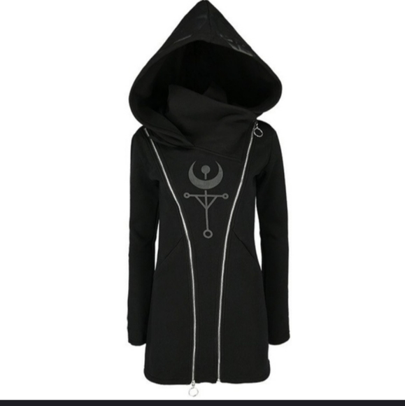 2XHP! NWT Goth Occult Moon Black Hooded Jacket! - Picture 6 of 8